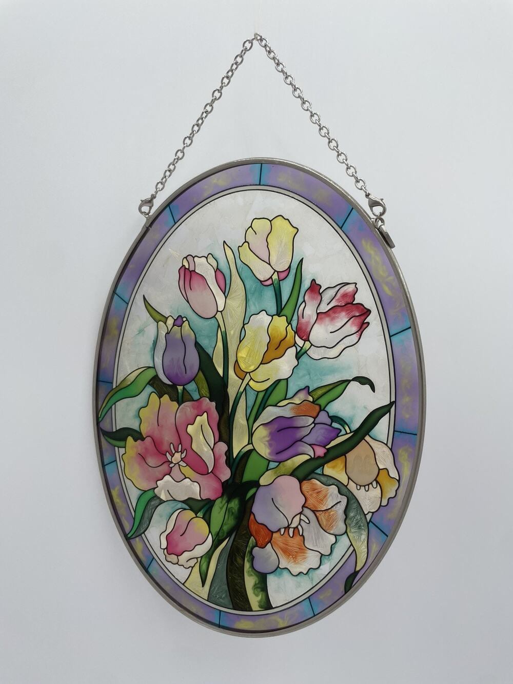 Vintage Hanging Stained Glass Flowers Suncatcher 9" Includes Chain Tulips